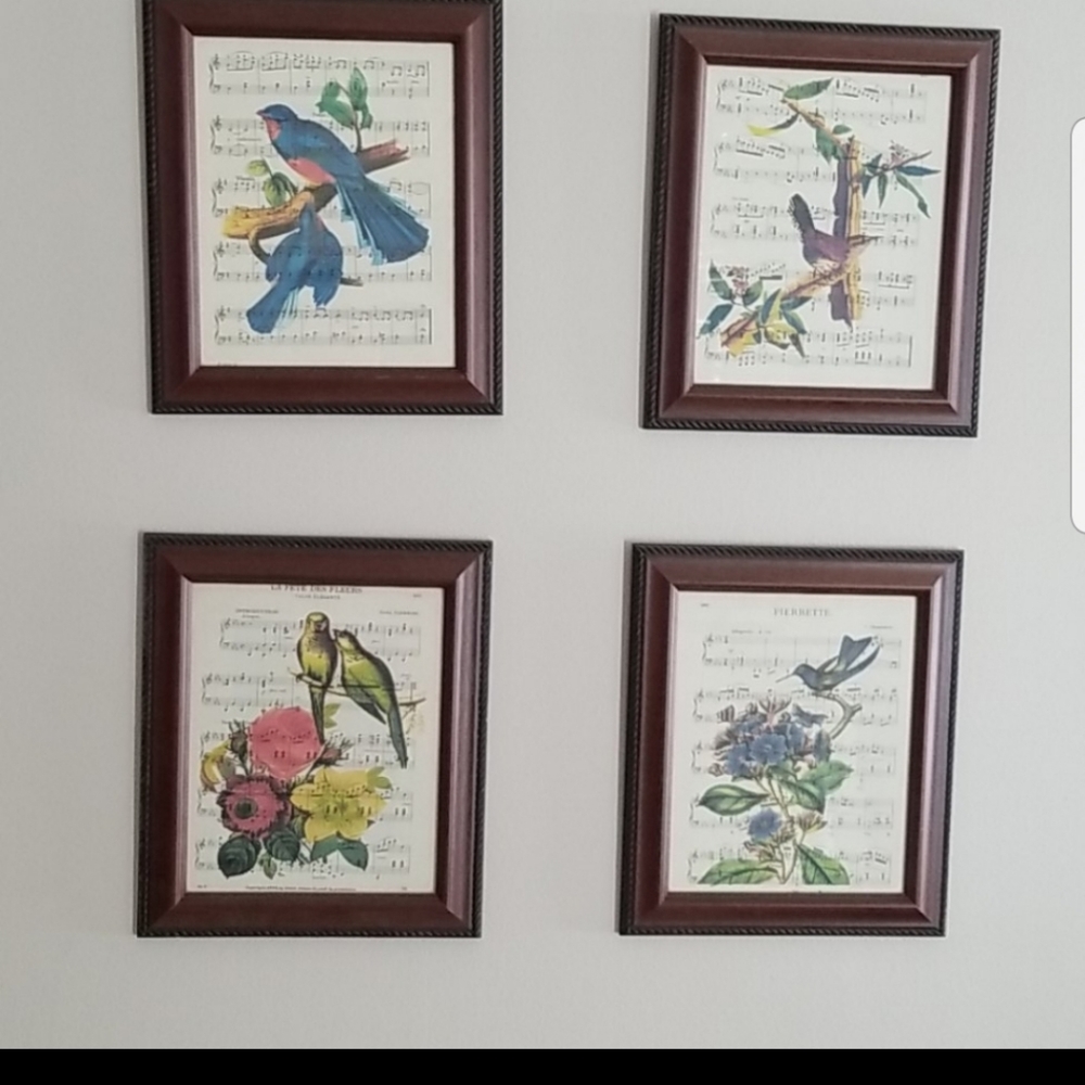 4 Antique sheet music pages bird prints